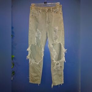 American Eagle Destroyed Olive Green Mom Jeans - Size 00